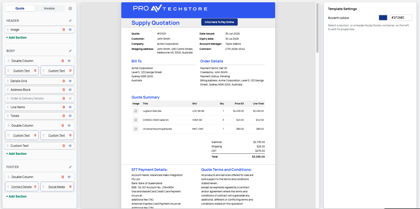 QTools quote and invoice drag and drop builder, showing the block list, a live quote preview, and template settings